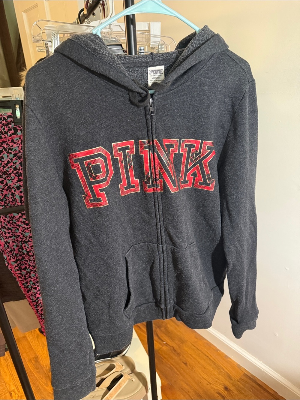 PINK Victoria's Secret Charcoal Zip Hoodie with Red Logo